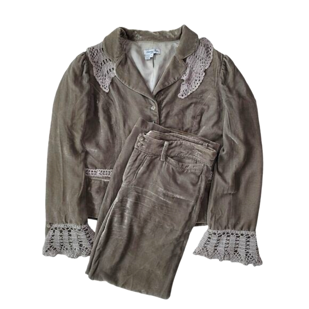 American Retro 2 Piece Set Womens 42/40 Vintage Outfit Velour Silk Pierrette
